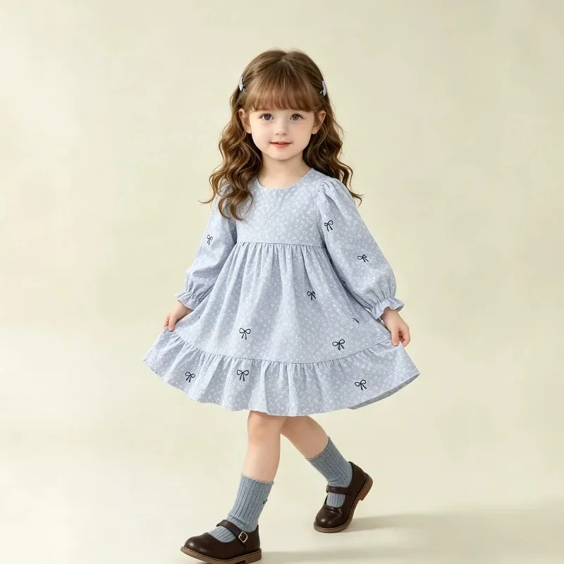 Kinder Mädchenkleid RAISE Herbst Schleife Blumendruck Kinder Mädchen Prinzessinnenkleid Rundhals 2-8 Jahre Mädchen Langarmkleid Haarband – Detail 5