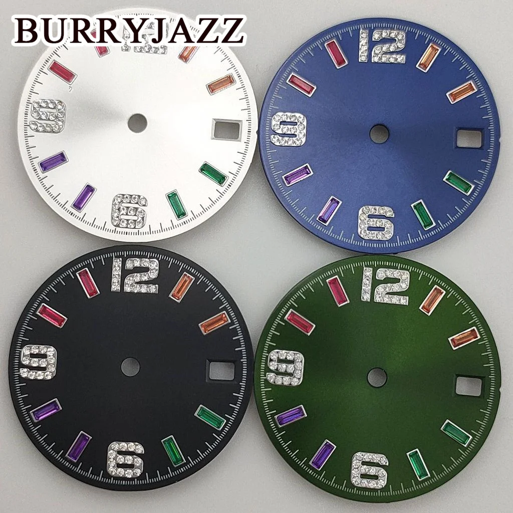 BURRYJAZZ 28.5 ملم بدون شعار NH35 قرص الساعة فضي أسود أزرق أخضر قرص مناسب 3 الساعة 3.8 ساعة تاج