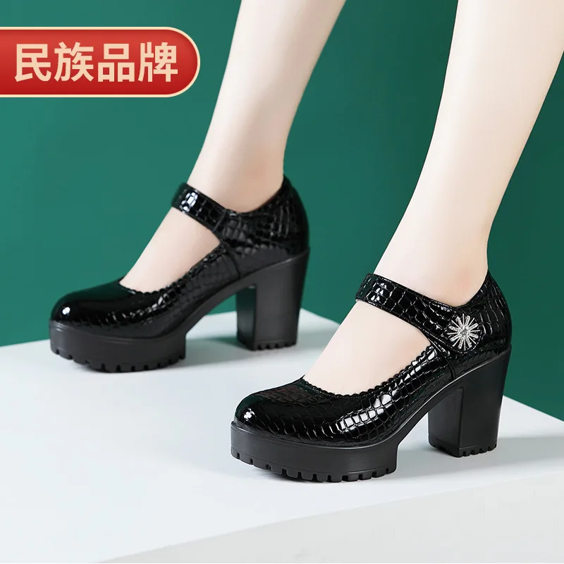 Small Size 32 33 34 Block Heel Platform Shoes with 8CM 2023 Fall Winter Genuine Leather High Heels Pumps Women Office Elegant