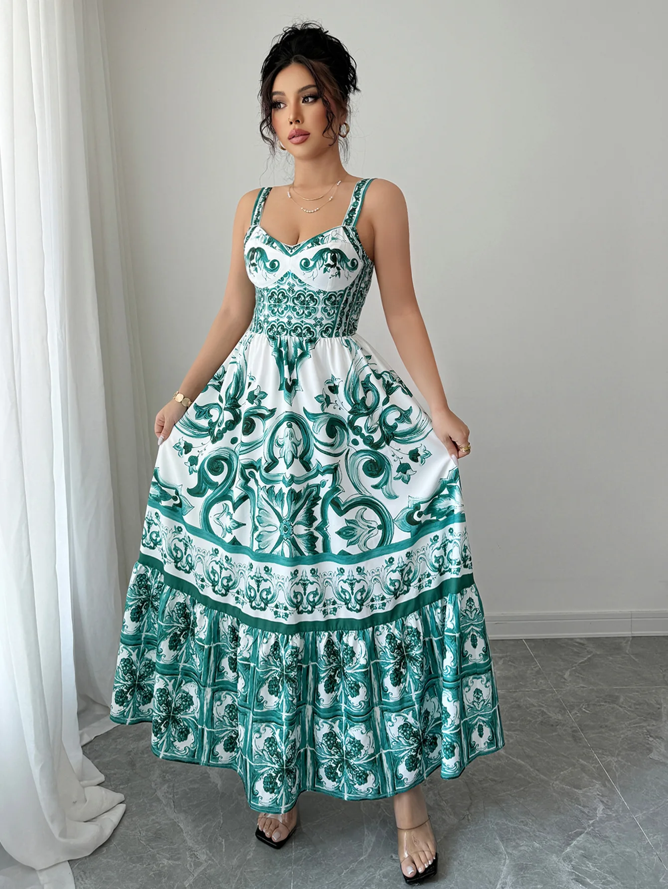 

Women's Dress Best seller Green White Floral Print V Neck Sleeveless High Waist A Line Maxi Party Evening Dress Summer