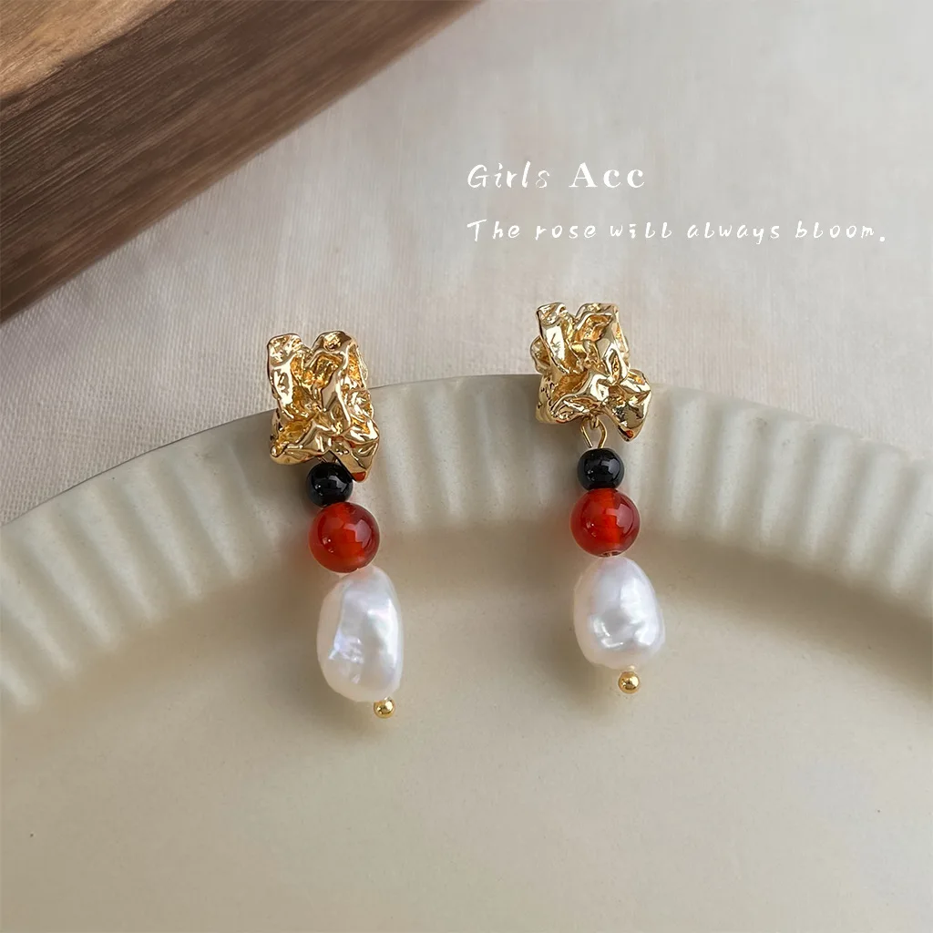 

Handmade Baroque Freshwater Pearl Earrings Irregular Liquid Geometric Studs Vintage Chinese Style Natural Stone Jewelry