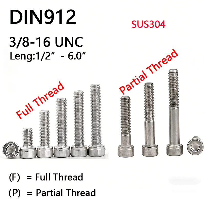 3/8-16 UNC DIN912 SUS304 Stainless Steel Hexagon Socket Knurled Cap Head Screws Allen Bolts Full/Partial Threaded