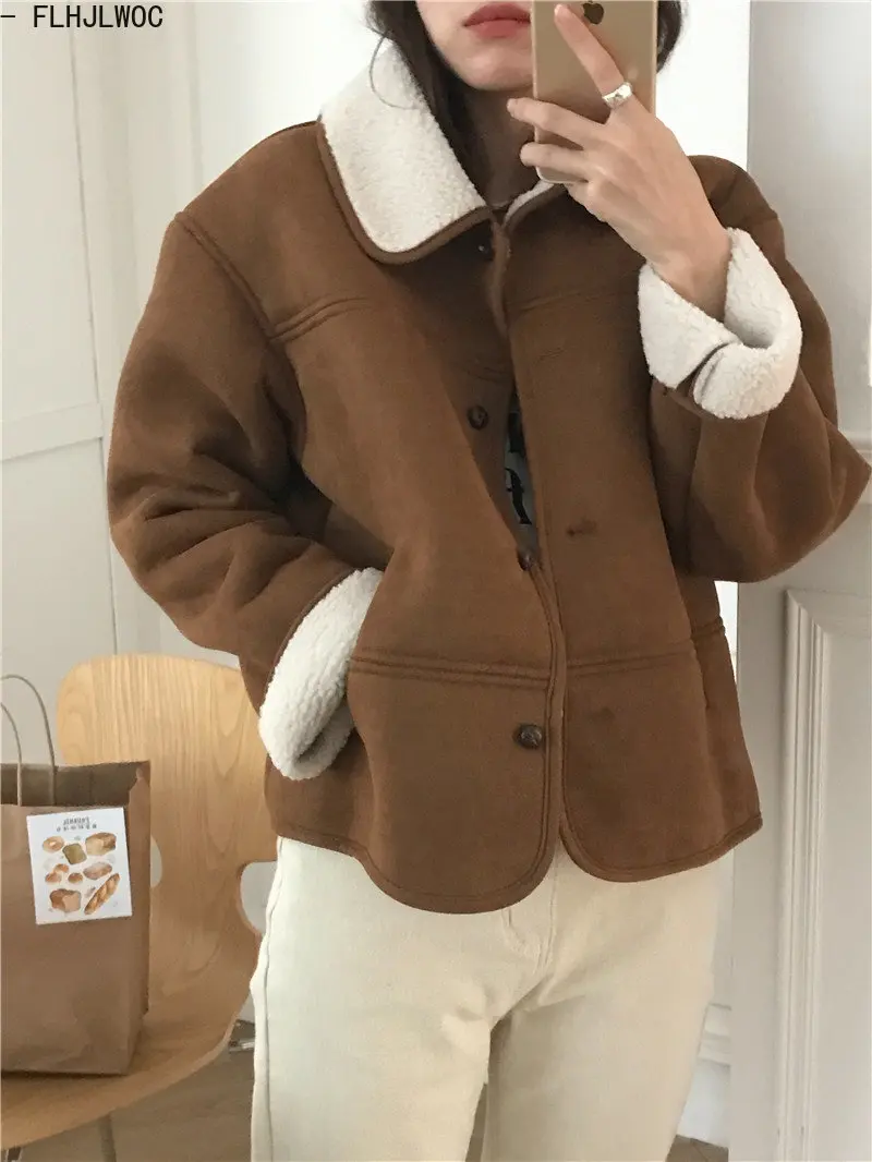 Winter Vintage Short Coats Outerwear Women Japan Preppy Style Girls Korea Single Breasted Button Warm Wool Velvet Thick Jackets