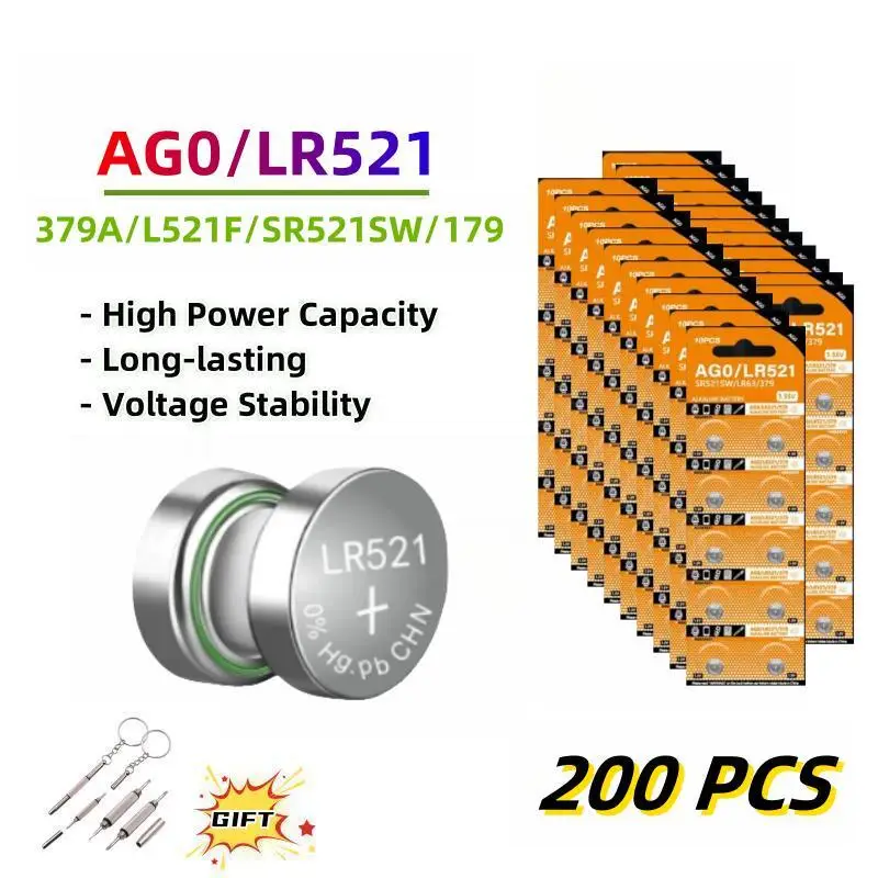 

200PCS AG0 Button Batteries LR521 379 SR521SW 379A 1.5V Alkaline Coin Cell 179 D379 SR63 Silver Watch Battery