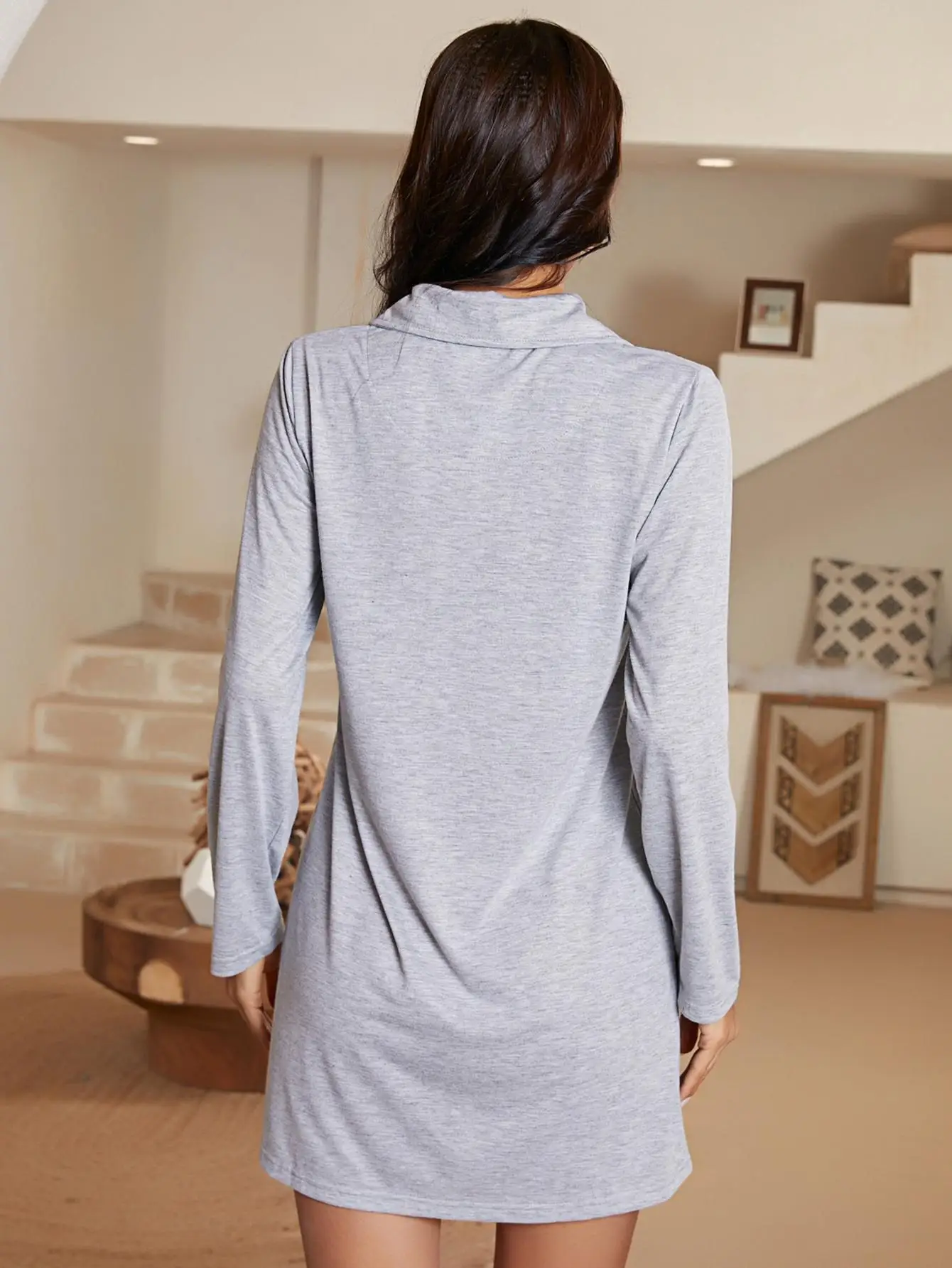 Autumn Sexy Heart Design Sleepwear Lady Gray Night Gown Homedress Turn Down Collar Sleeping Dress V Neck Home Wear Suit Women