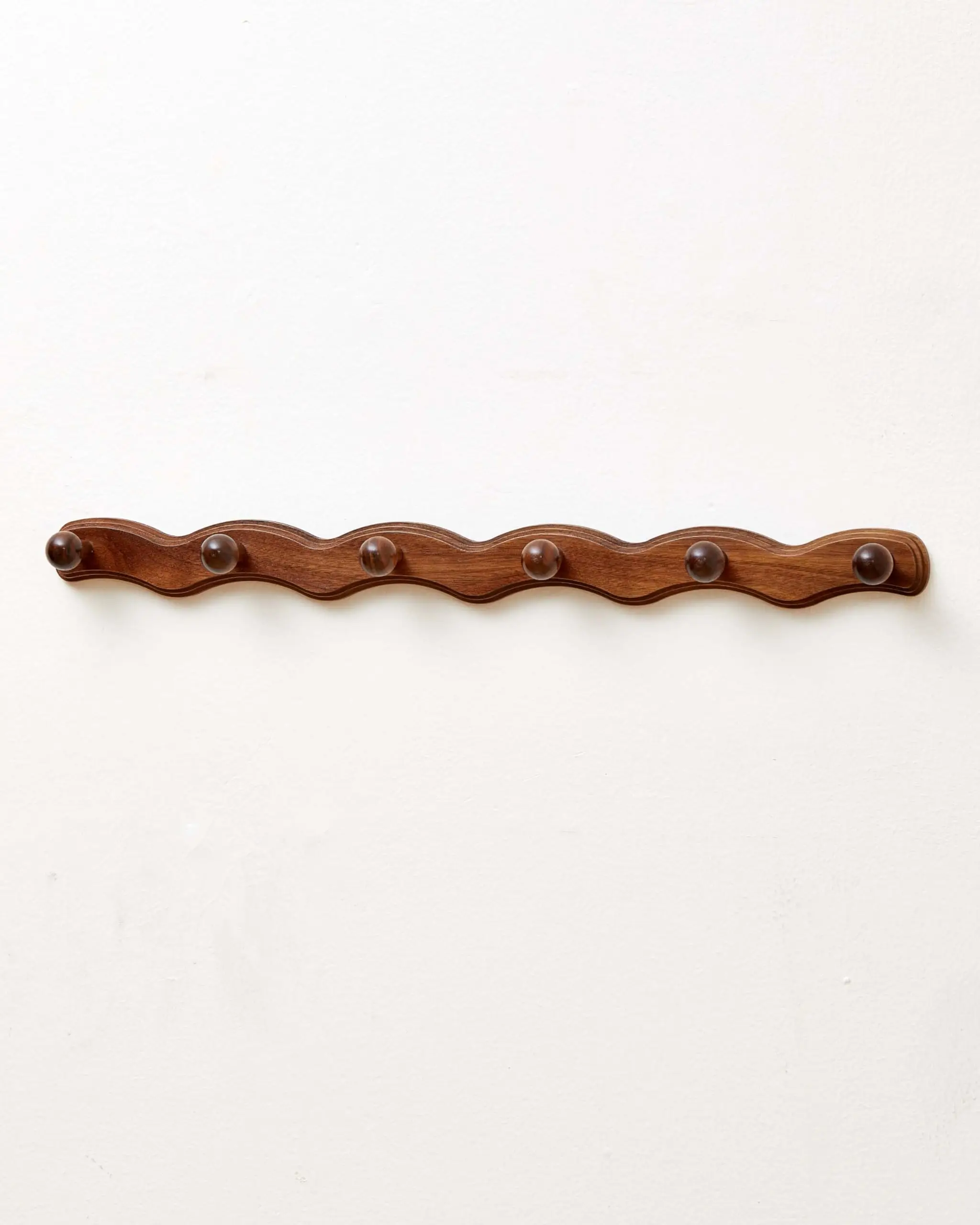 

Walnut Wood Wall-Mounted Wavy Coat Rack Featuring Six Round Hooks For Jackets, Hats, Towels, Bags And Robes
