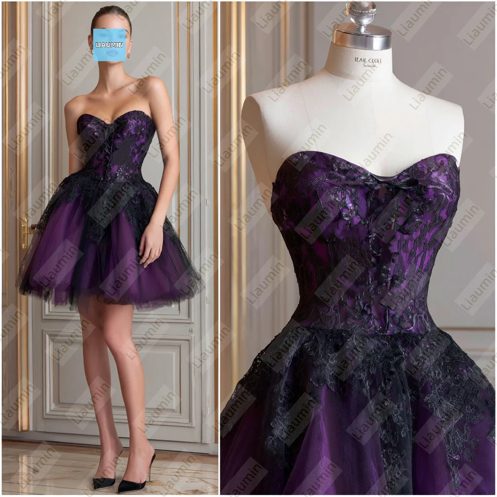 

Pink Tulle Black Lace Applique Above Knee Length Strapless Evening Prom Wedding Formal Dress Lace-up Back Customized A7-1.73