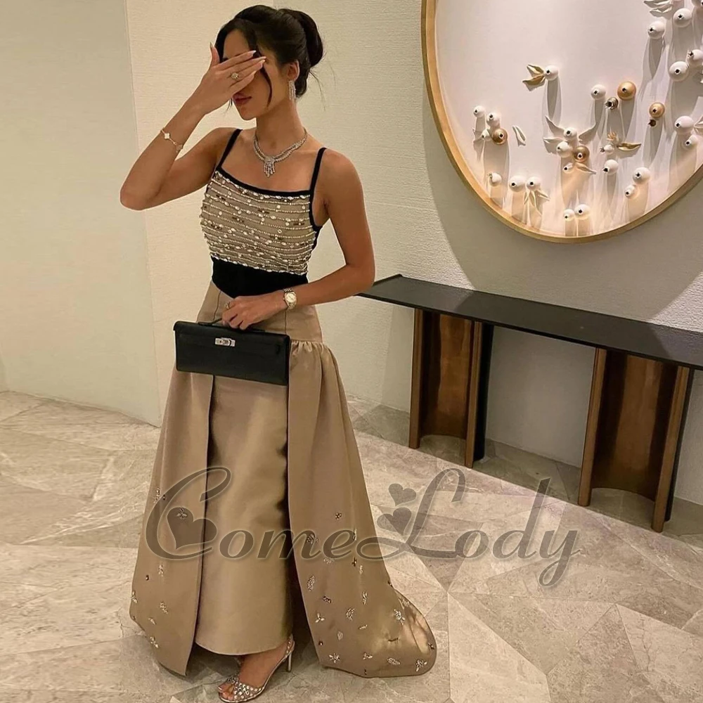 

Comelody Modern Square Collar Prom Dresses for Women Beadings Rhinestone Ankle Length Sleeveless Detachable Train De Fiesta