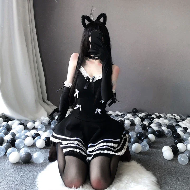 Lolita Sexy Maid Cosplay Trajes para Mulheres, Vestido Preto, Tanga, Anime, Punk, Garota da Escola, Roupa Gótica, Chapéu, Luvas, Novo, Bonito