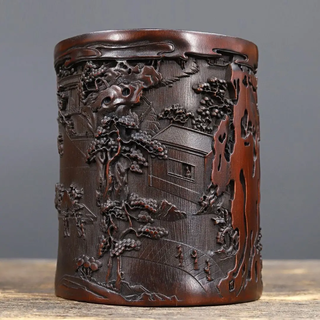 Antique Bamboo Carved Scenery Brush Pot Pen Holder Desktop Organiser Office Desk Accessory Office Supplies view 5