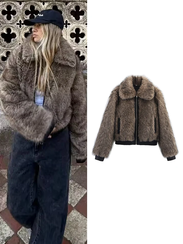 

Women's Casual Brown Short Faux Fur Coat Vintage Loose Lapel Long Sleeve Outwears 2025 Autumn Winter Ladies Soft Warm Streetwear