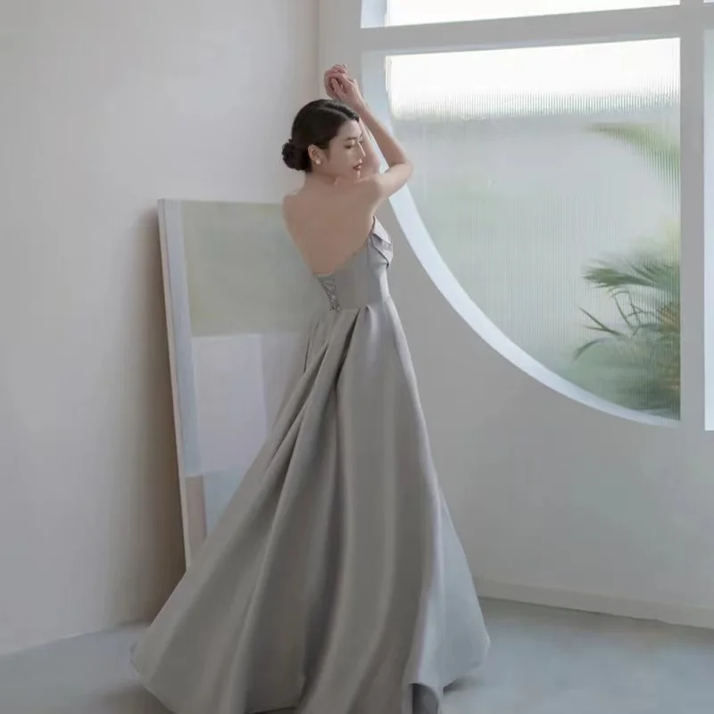 Silver Grey Strapless Bridesmaid Dress Sexy Off The Shoulder Lace Up Floor-length Princess Party Gown Custom Made Robe De Soiree