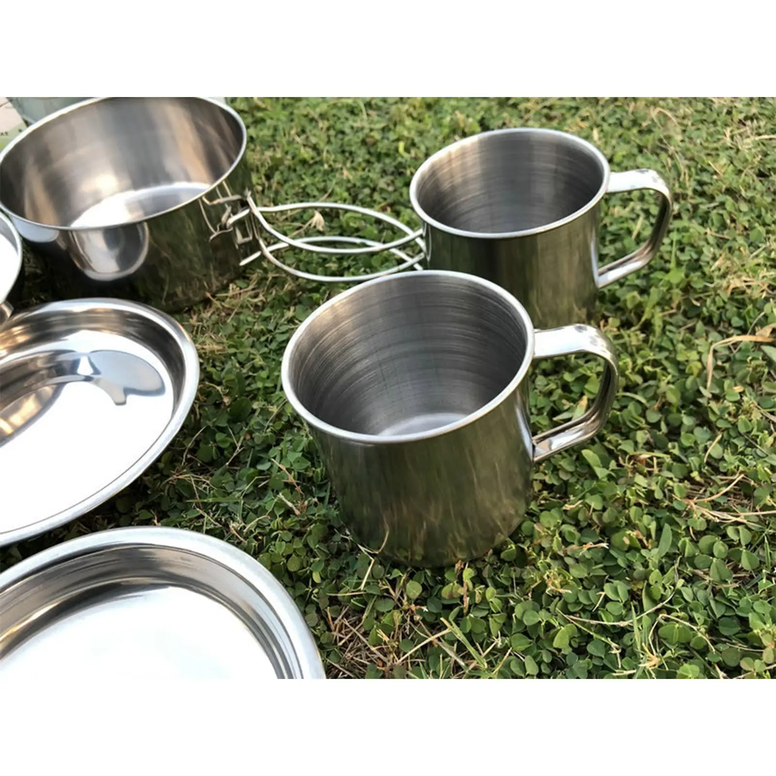 

8x Camping Cookware Mess Kit Portable Utensils Outdoor Pot Plates And Cups
