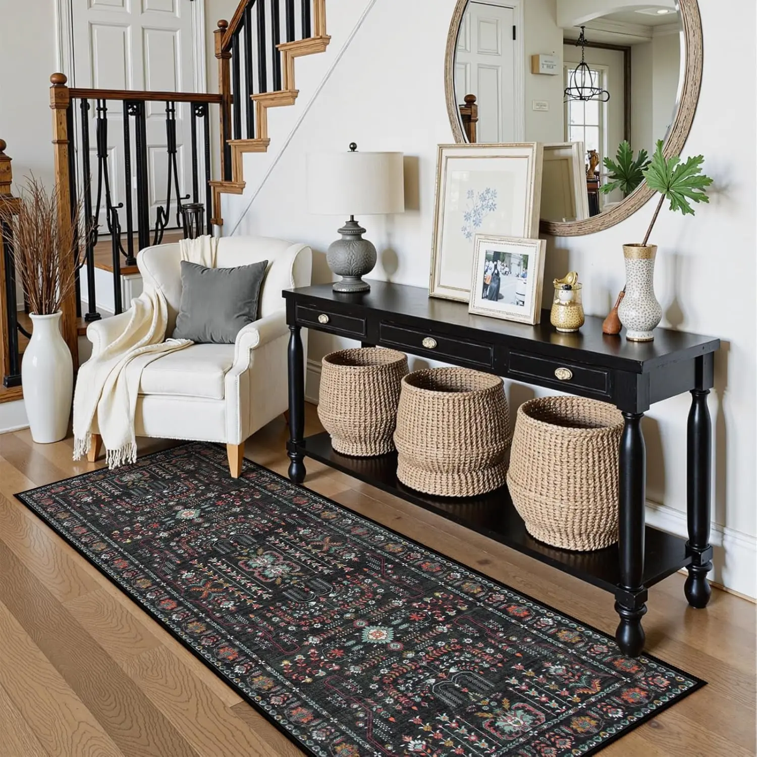 

Boho Black Rug Runners for Hallways, Washable FloralKitchen Runner Rug Non-Slip Traditional Hallway Runner, Soft Oriental