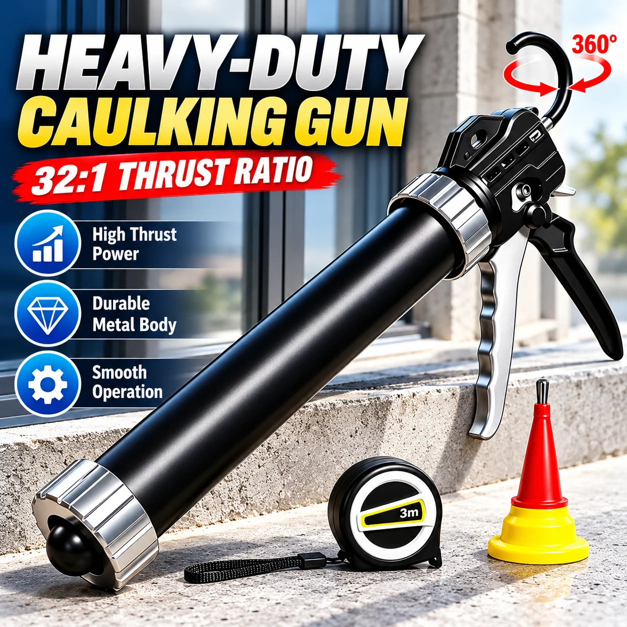 Heavy Duty Caulking Gun with 360° Rotating Barrel, Auto Stop, High Thrust Sealant Applicator for Construction