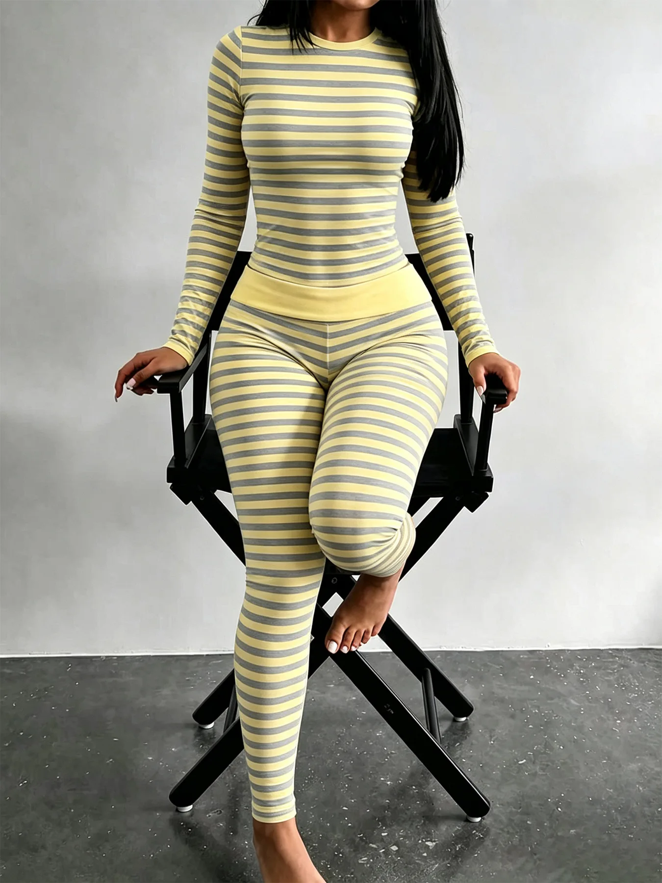 Women's Round Neck Striped Dual Color Long Sleeve Long Pants Fitness Casual Set Tight Home Wear 2026 European And American Cross