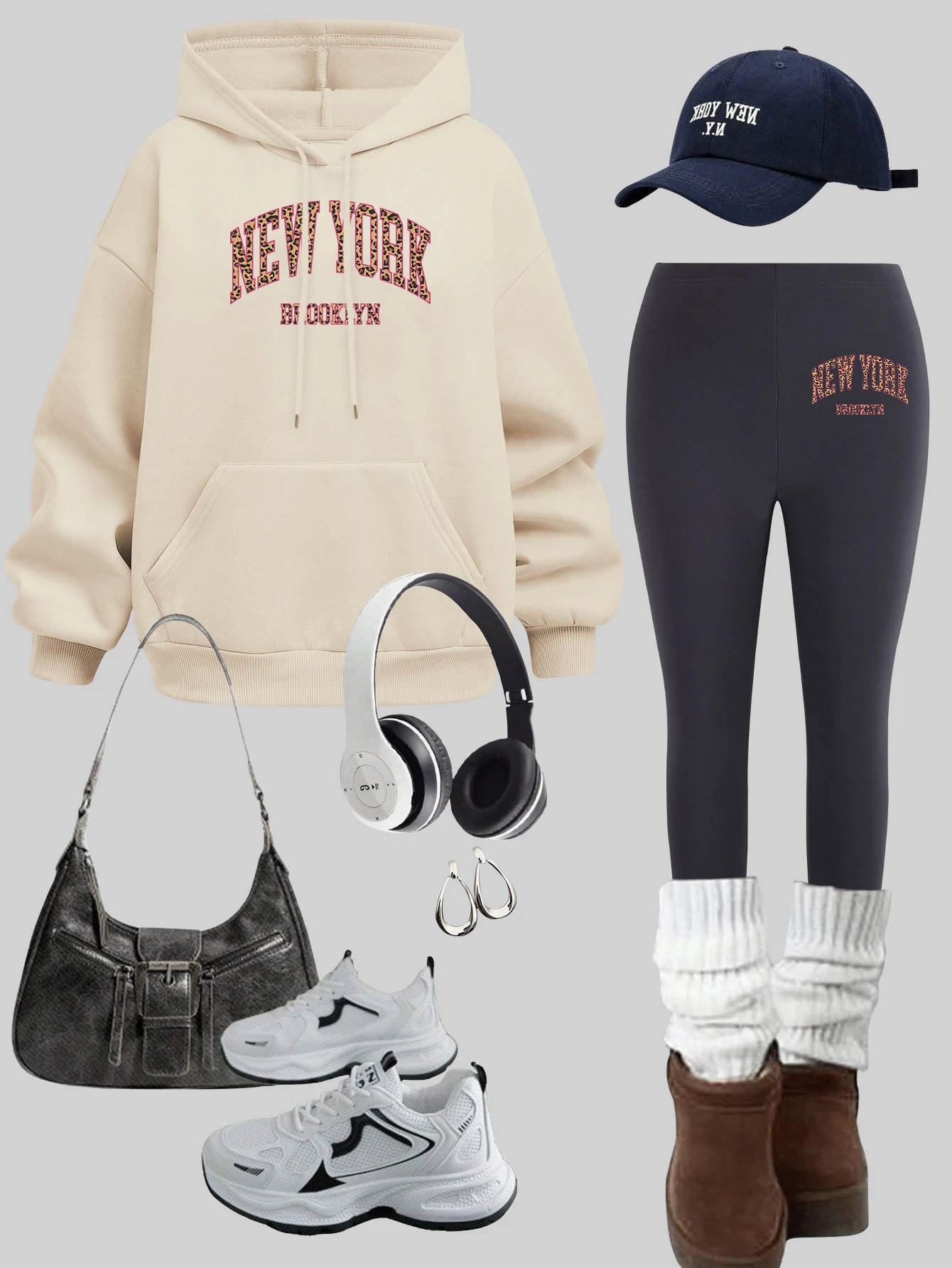 

Комплект толстовок с капюшоном New York Brooklyn City, женский свободный пуловер с карманами Y2K, осенние флисовые леггинсы, утепленные эластичные комплекты брюк