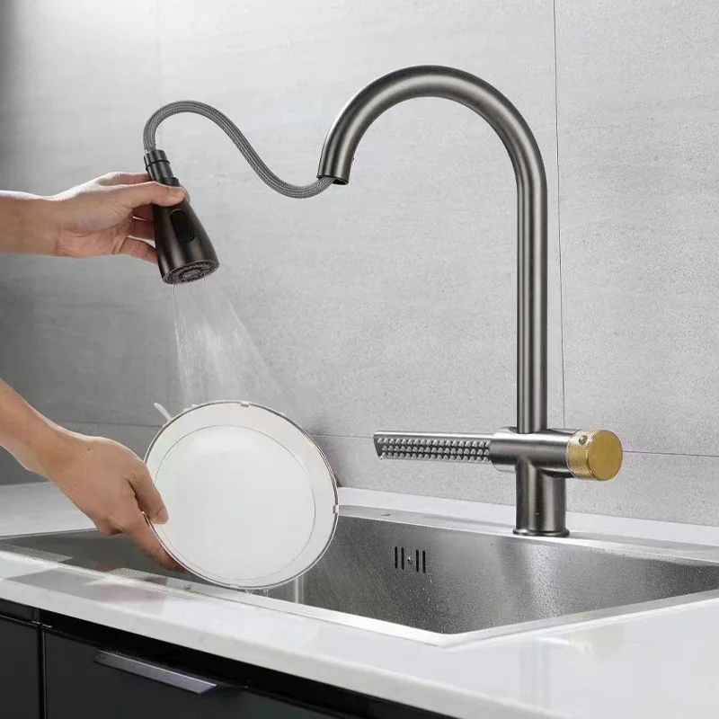 Waterfall Faucet Kitchen Sink Basin Bowl Mixer Hot Cold Pull out Water Tap Watering Faucet