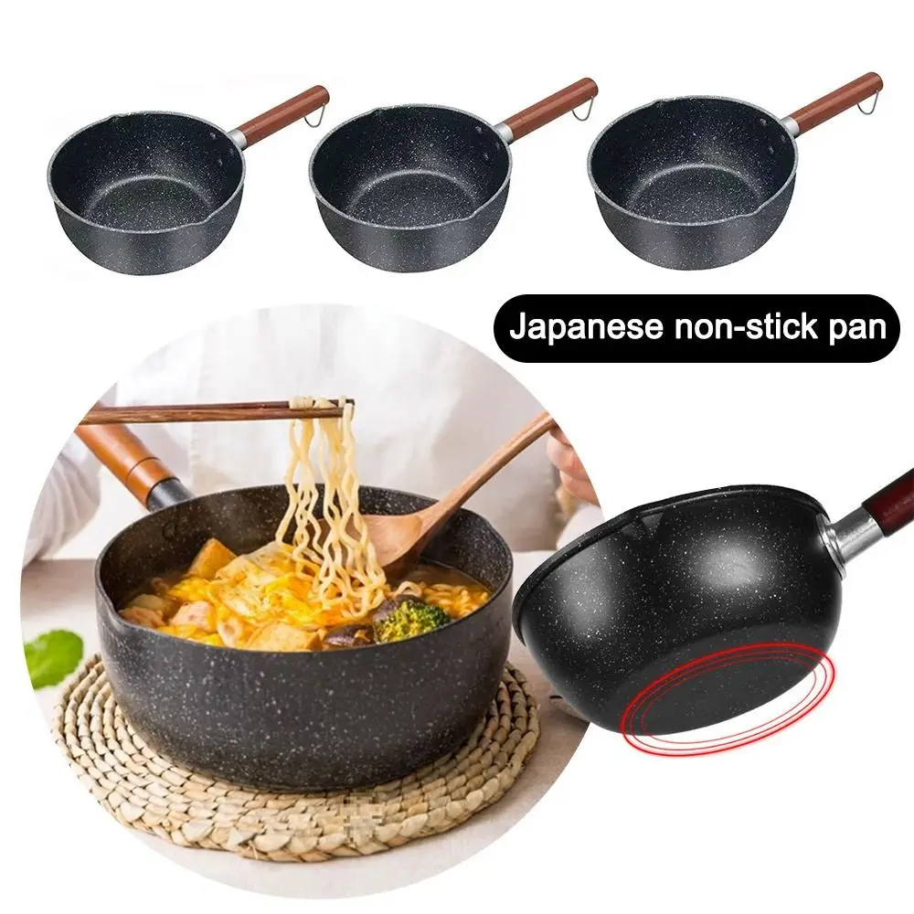 Sartén de hierro portátil antiadherente con mango de madera, olla de piedra de trigo, olla de fideos, suministros de cocina