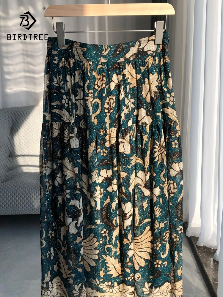 Birdtree 100%Real Silk Skirts Glitter Position Printed Female's Elastic High Waist Loose Maxi Skirt 2023 New Summer B36641QC