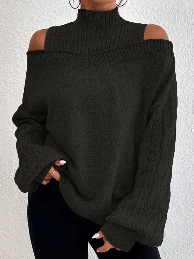 Off-the-shoulder High Neck Sweater for Women Autumn and Winter Loose Knitted Pullovers Bottoming Shirt Pullover Solid Sweater