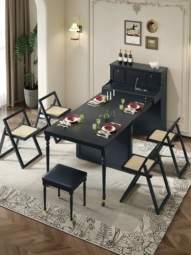 A  French retro style dining table foldable retractable dining table and chair combination dining side cabinet integrated table