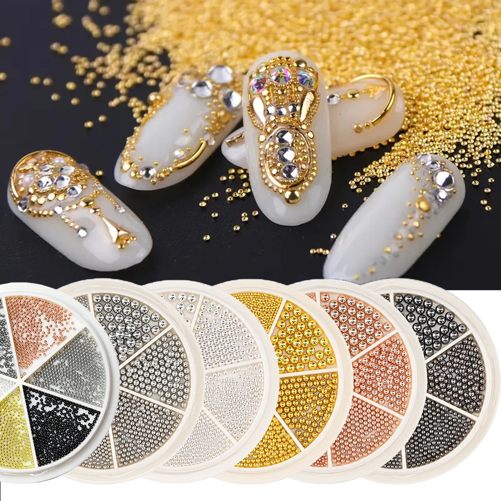 

6Grids 0.8-1.5mm Mini Steel Caviar Beads Nail Art Decorations Silver/Gold Stainless Steel balls Charm DIY Manicure accessories