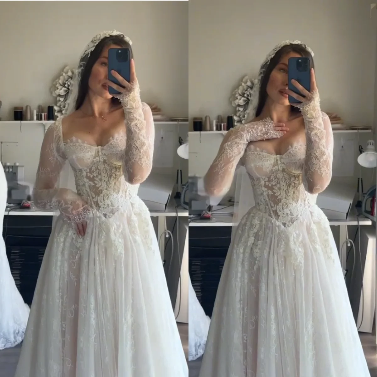 

Customized elegant A-list princess dress wedding dress long sleeved sweetheart neckline lace applique mesh Vestido De Novia