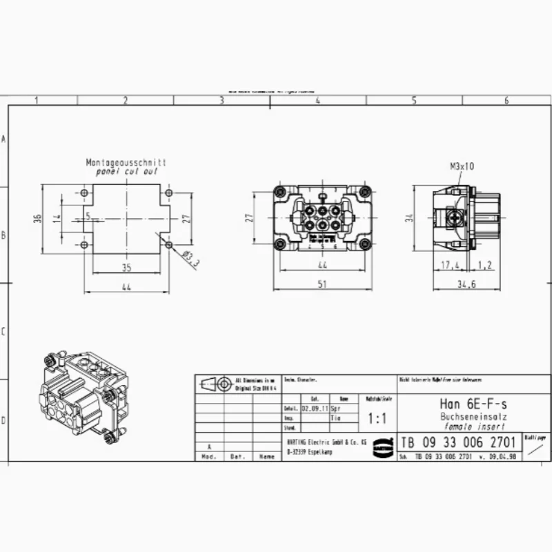 1pcs 09330062701 เยอรมนี Harding Heavy Duty Connector หญิง Core Han-6E-F-s 16A/500V