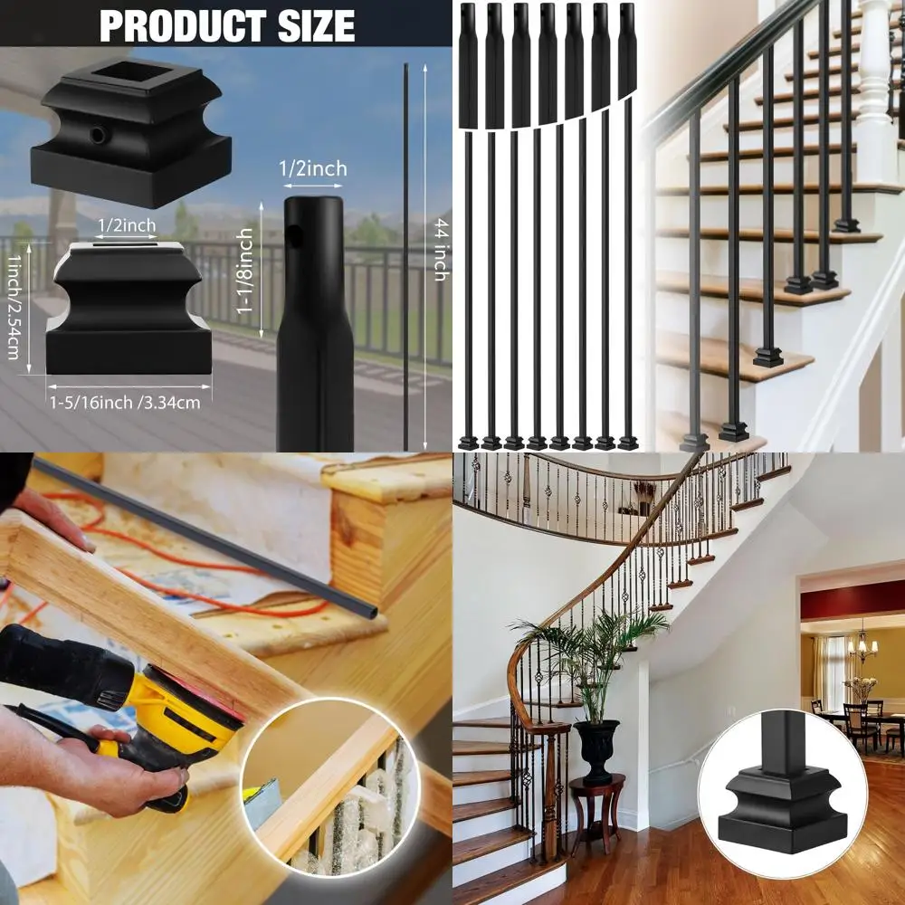 

20 Pack Hollow Square Iron Balusters with Lat Shoes, 1/2 Satin Black for Stair Railing Interior Decor