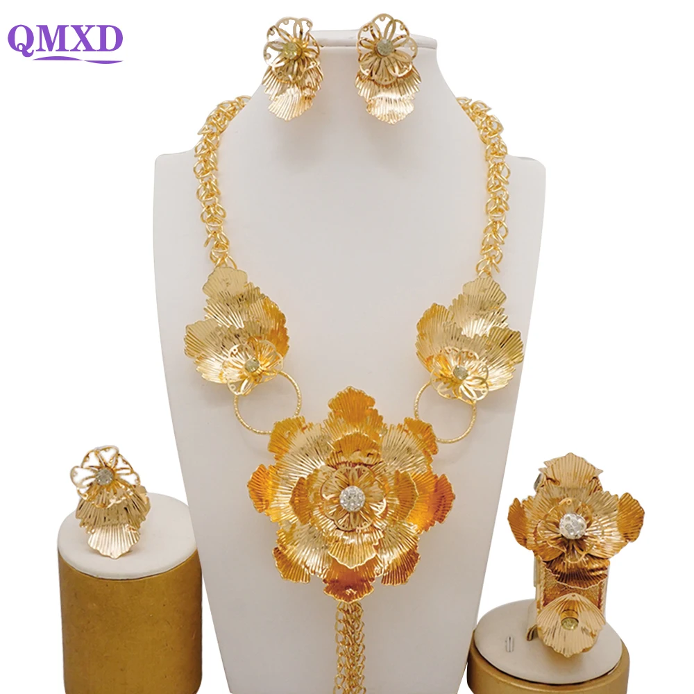 

Dubai Gold Color Big Jewelry Sets African Indian Flower Necklace Bracelet Earrings Ring Sets Bridal Tassel Jewellery Party Gifts
