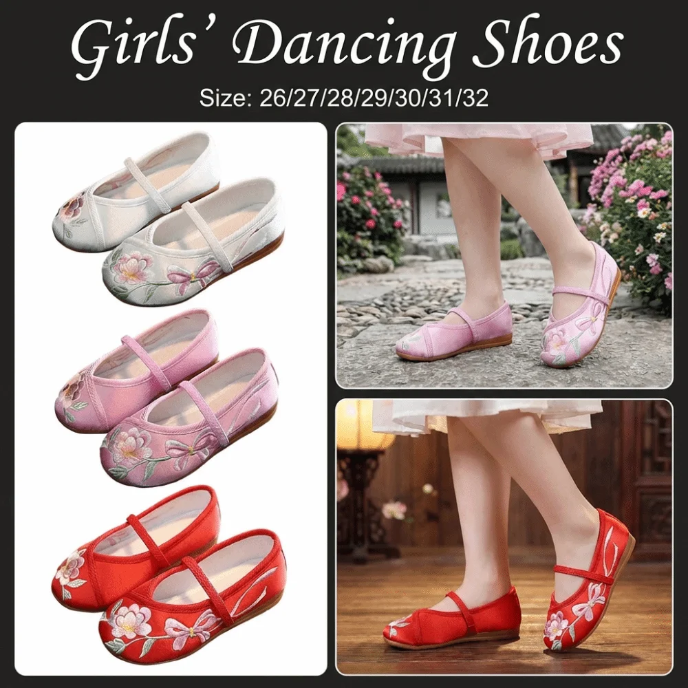 

Chinese Style Girls' Dancing Shoes Wear Resistant Non-slip Embroidered Cloth Shoes Comfortable Soft Sole Ancient Dress Up Shoes