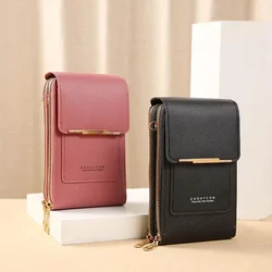 Billeteras de cuero suave para mujer, cartera con pantalla táctil para teléfono móvil, bolso cruzado con correa para el hombro, Color sólido, nueva moda