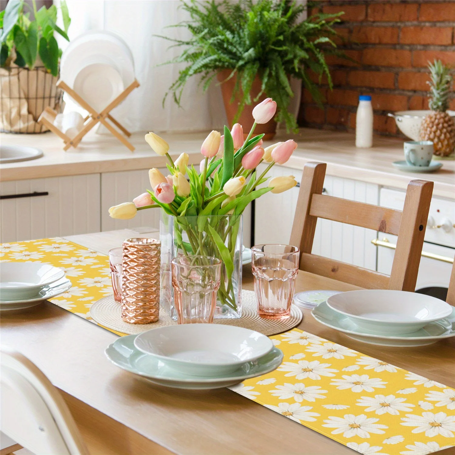 1pc Yellow-themed White Daisy Four-season Table Runner, Suitable for Kitchen Dining Tables and Parties