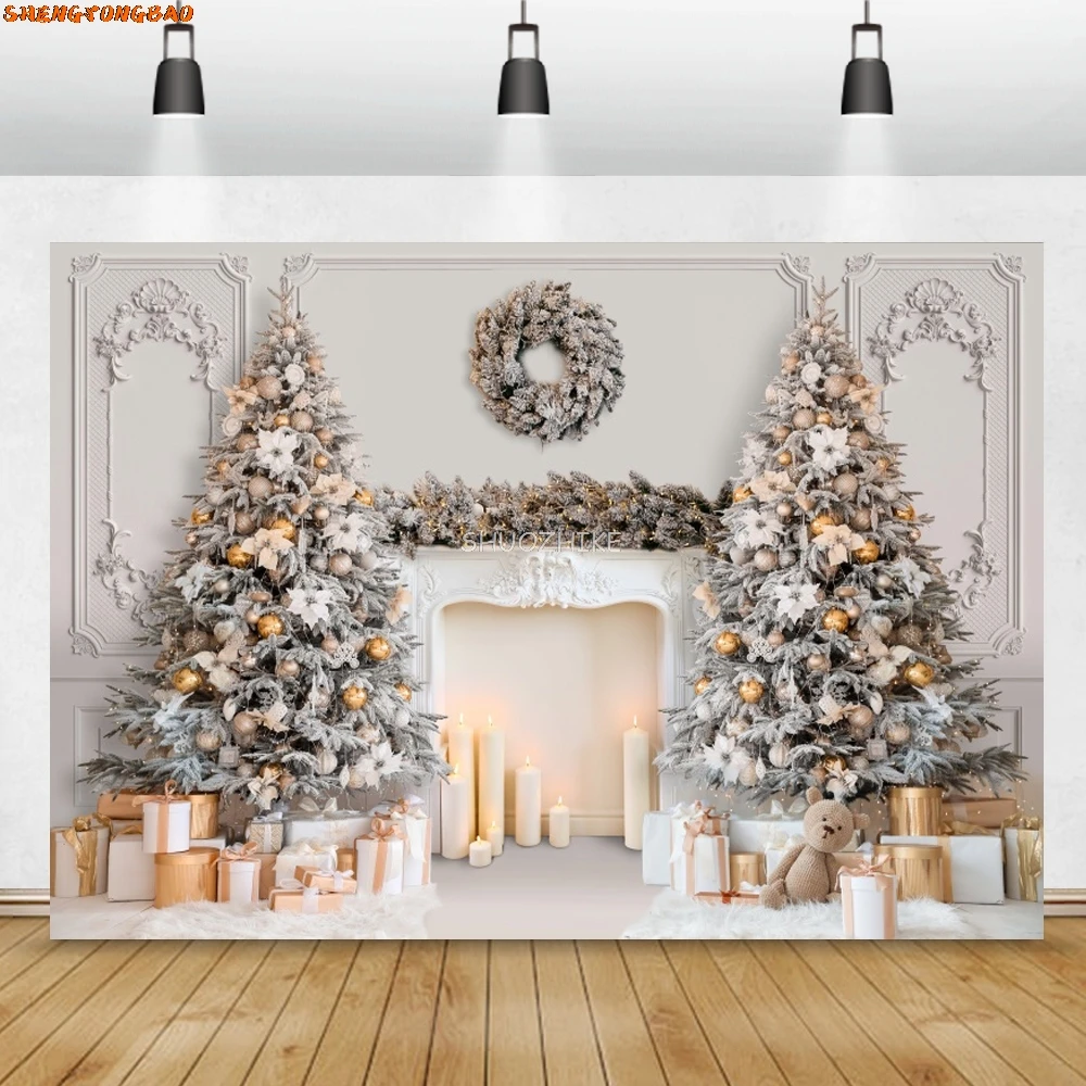 เตาผิงคริสต์มาสธีมฉากหลังสําหรับถ่ายภาพXmas Treeของขวัญของเล่นเด็กPortrait Room DecorเทศกาลPartyภาพพื้นหลัง