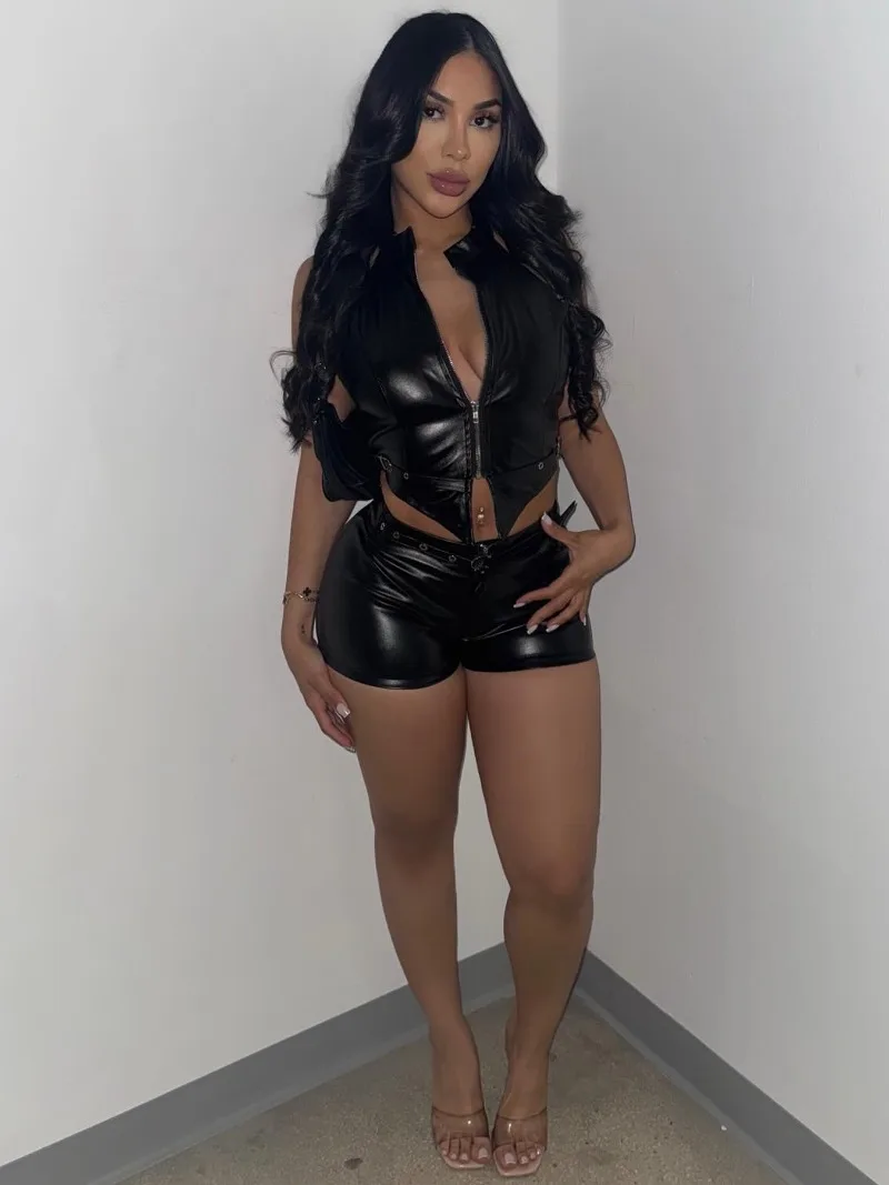 

Women Fashion Solid PU Leather 2 Piece Set Stand Collar Sleeveless Zipper Vests Crop Tops + Shorts Y2K Casual Streetwear Suits