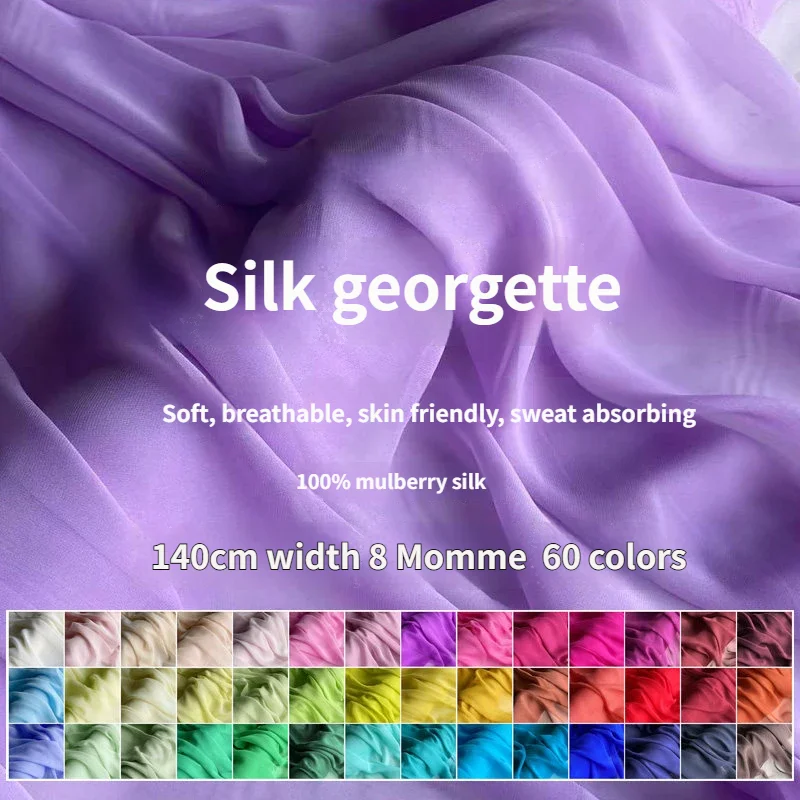 8Momme 140cm Width Pure Silk Georgette Fabric, Lightweight Sheer Chiffon For Diy Maxi Dress Scarf Sewing Handmade Craft Material