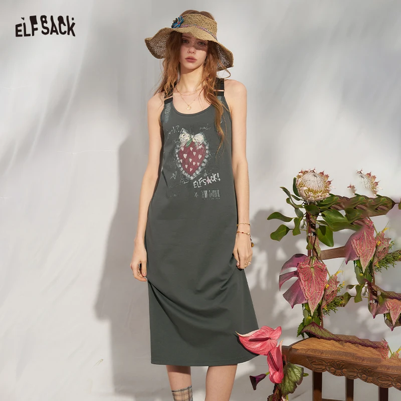 

ELFSACK Strawberry Graffiti Print Punk Overall Dress, A-Line Sleeveless Streetwear Midi Dress, Y2K Sweet Grunge