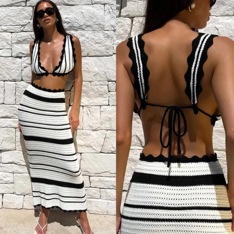 

Sexy Striped Knitted Women's Beach Skirt Set Summer Backless Slim Fit Bohemian Party Vest Set Versatile High Waisted Long Skirt