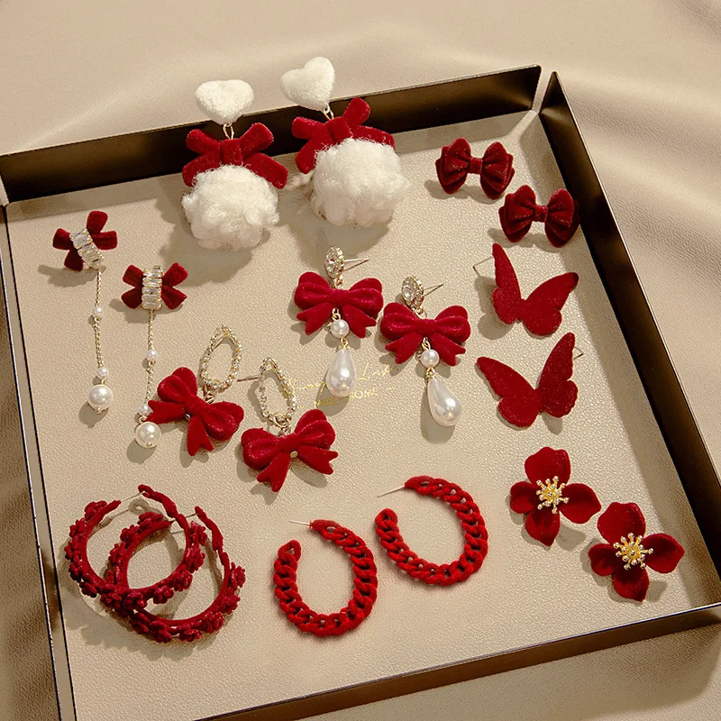 Vintage Red New Christmas Flocking Earrings for Women Bow-knot C-Shape Pearl Rhinestone Drop Earring Jewelry Party Gift 2025