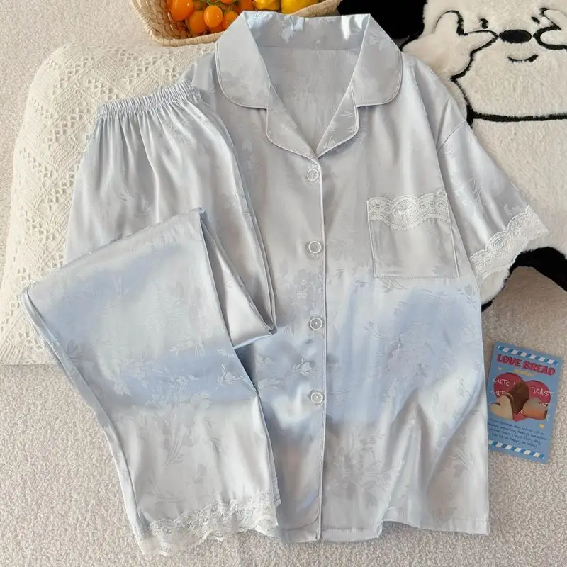 Women's Short Sleeve Pajama Set Sleepwear Loungewear Satin Silk Nightwear Pyjama Light Blue Lace Lapel Full Length Pants Summer