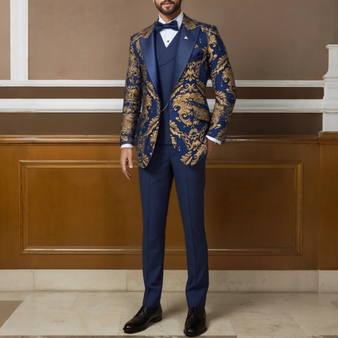 

Men Suit Navy Blue 3 Piece Gold Pattern Embroidery With Lapel For Wedding Groom Banquet Buainess Work Jacket Vest With Pants