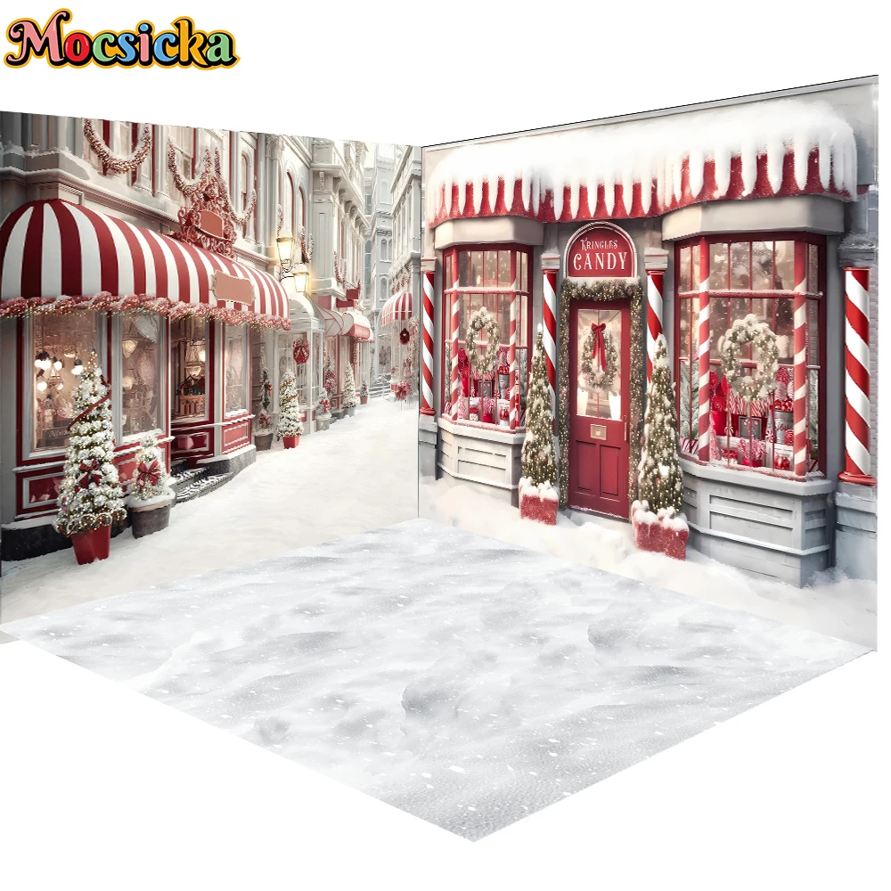 Christmas Candy Shop Backdrop For Photography Xmas Tree Winter Snow Red House Family Kids Baby Birthday Photo Background Studio