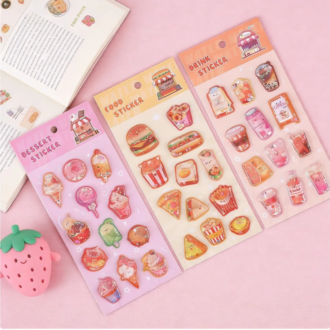 

Набор 3D-наклеек с мультяшными едой и напитками: шейкер-бургер, молочный чай и мороженое, с блестками, для украшения бутылок с водой