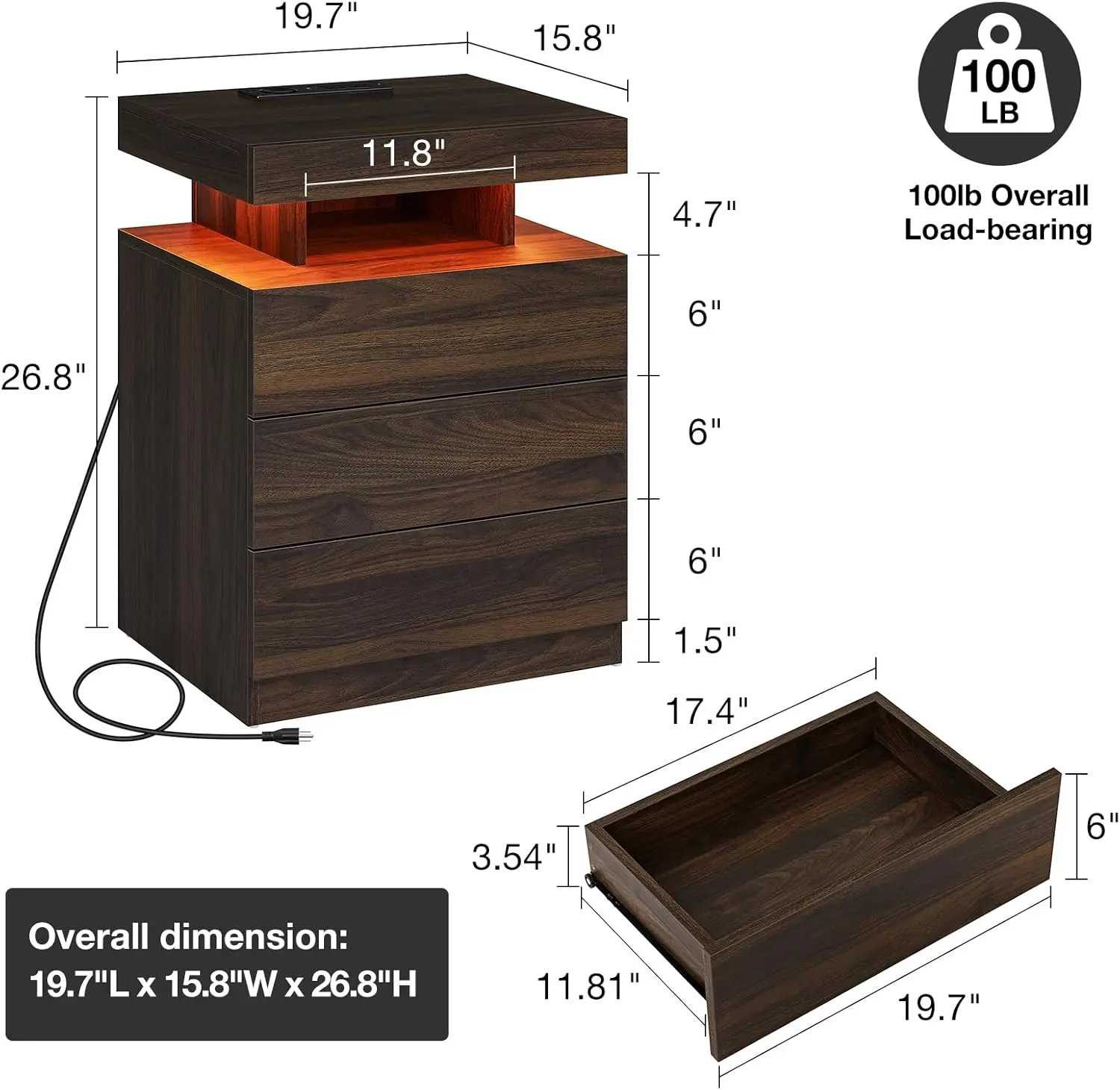 Set of 2 LED Nightstands with Wireless Charging Station Dark Walnut Bedside Table with Led Light Smart Nightstand USB Port