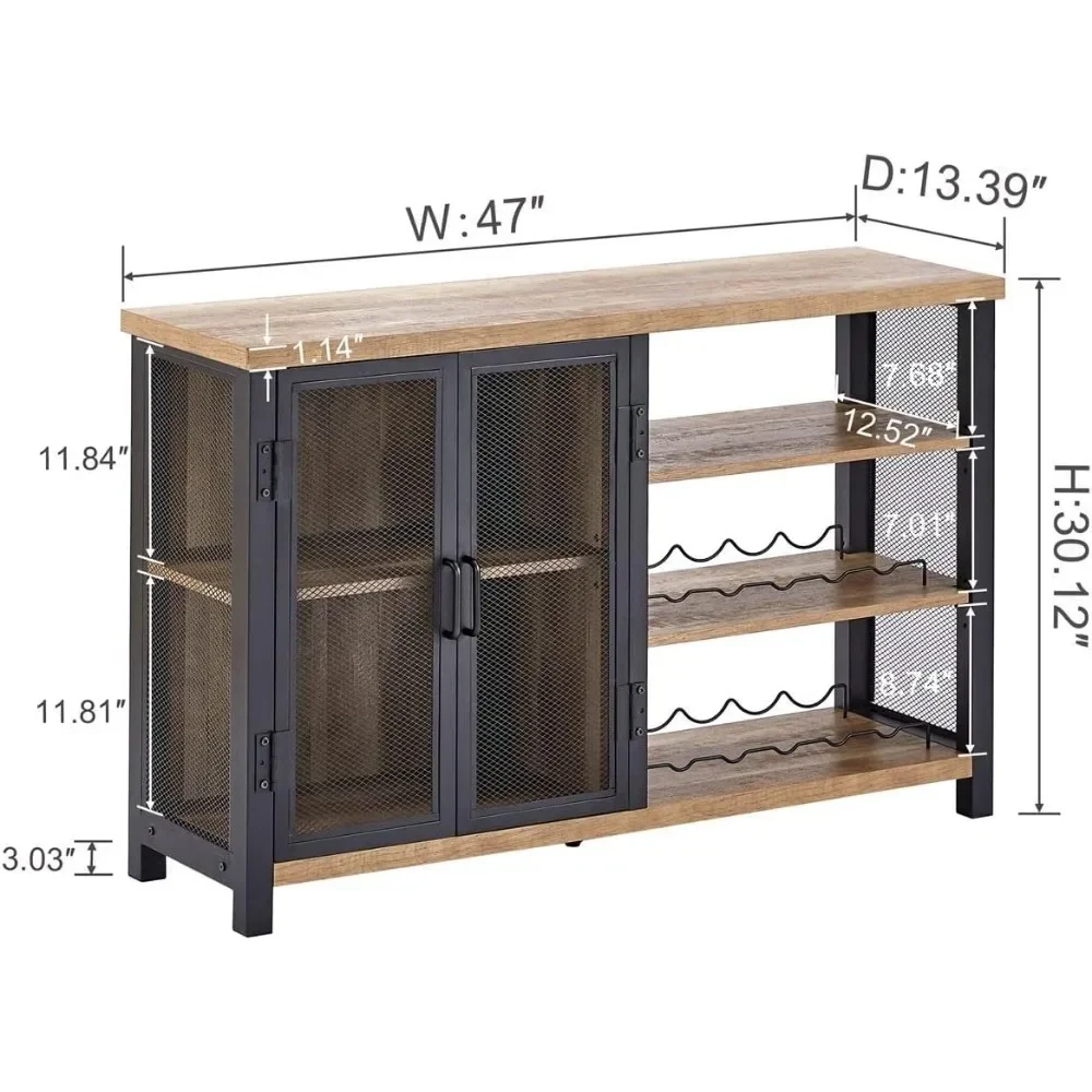 Industrial Bar Cabinet for Liquor and Glasses, Rustic Wine Cabinet with Doors, Farmhouse Coffee Bar Cabinet with Storage