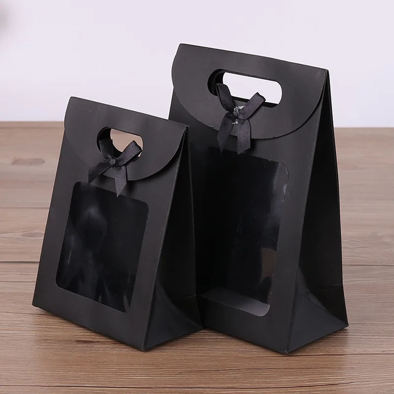 10Pcs Black/White Gift Bags with Clear Window Kraft Paper Bag with handle Candy Biscuits Cake Packing Box Eid Mubarak Gift Bag