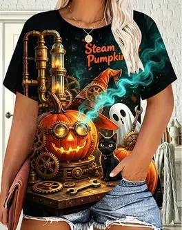 Women Steampunk Pumpkin Ghost Black Cat Print Ringer T‑Shirt Halloween Gear Machinery O‑Neck Short Sleeve Party Casual Tops