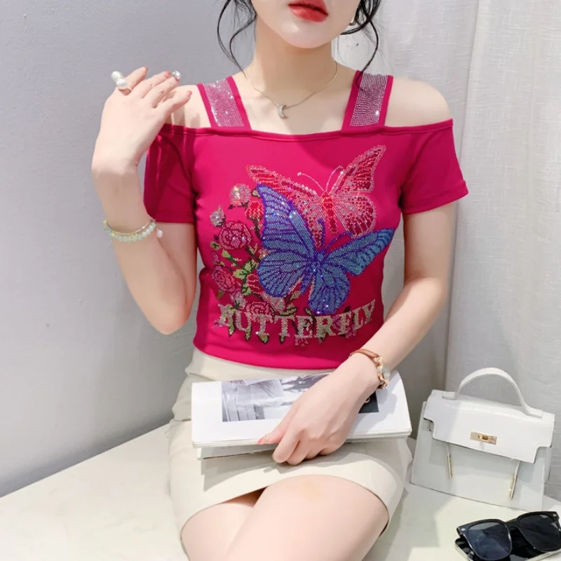 

Brand Runway Butterfly Letter Sexy Off Shoulder Shiny Diamonds T-Shirt Women's Design Fashion Chic Tees Top Ladies Shirts Blouse