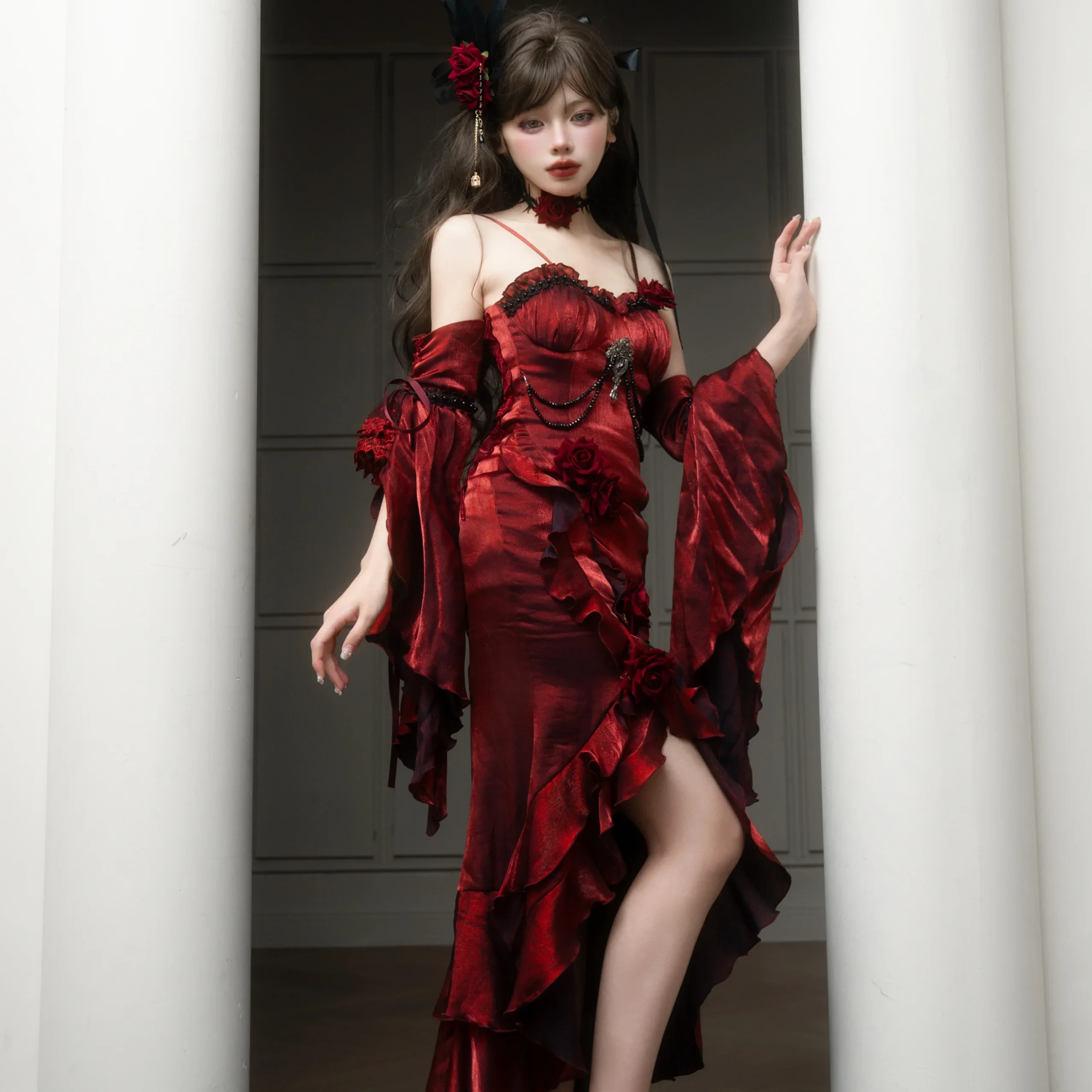 

long Dresses Burgundy Oath Skirt Hot Design Dress Rose Dress Fishtail Cos Sexy Girls Dress Red Skirt Green Dress